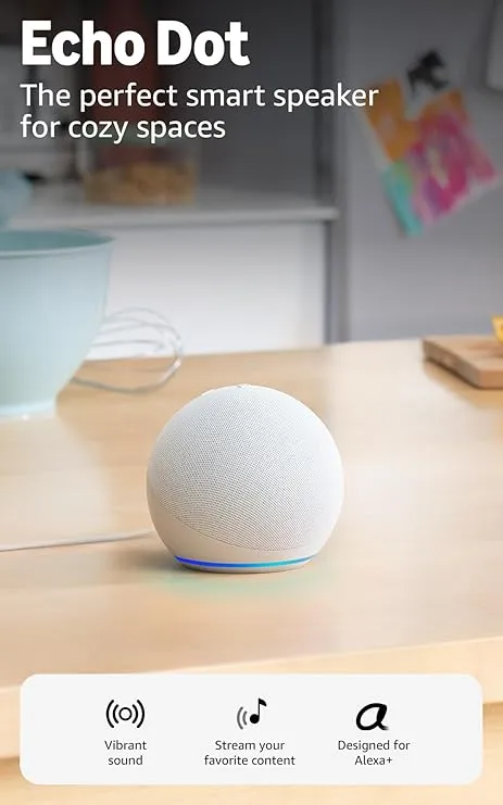 Amazon Echo Dot (modelo más reciente): parlante Alexa con sonido vibrante, ideal para dormitorios, comedores y oficinas (blanco glaciar)