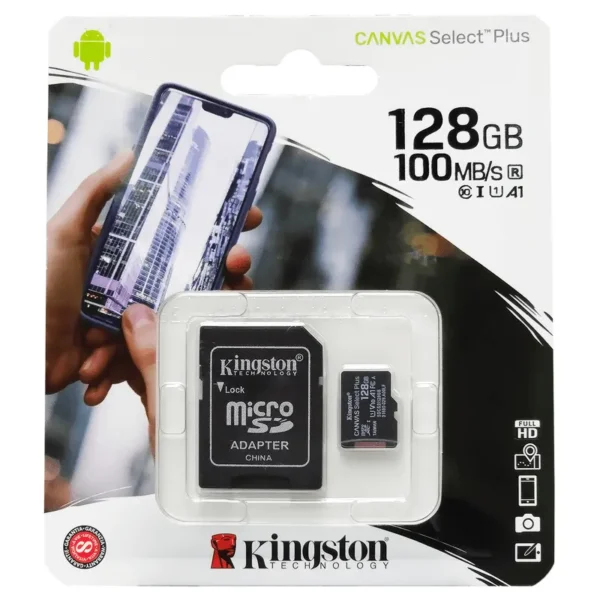 300006-800-auto Memoria micro SD card 128GB de almacenamiento con velocidad Clase 10 A1; 100MB/s. - KINGSTON